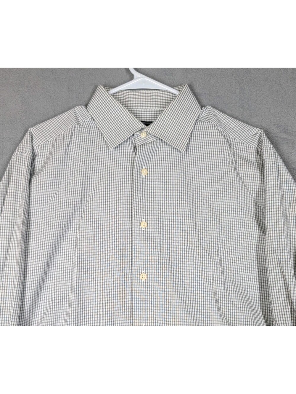 David Donahue Dress Shirt Mens 16.5 34/35 Blue White Trim Fit Micro Check Cotton